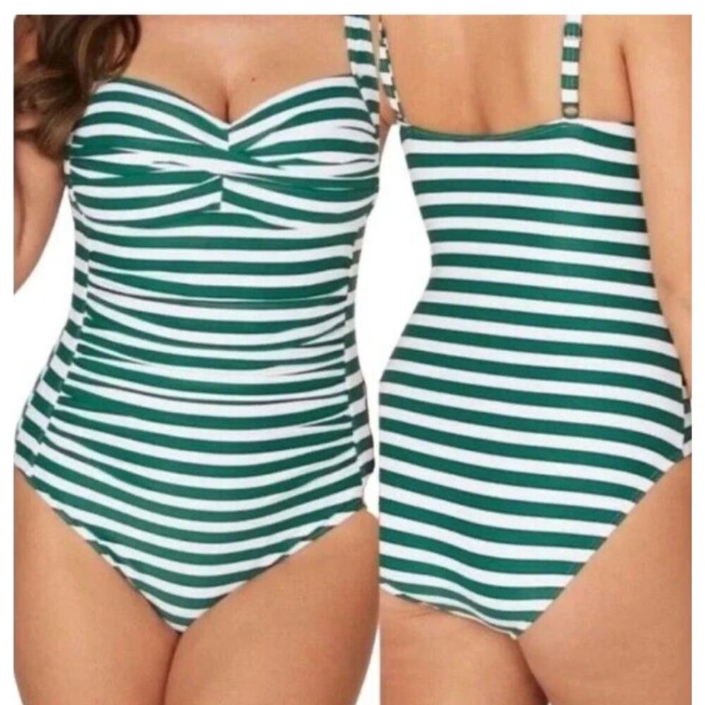 Nip Tuck Green White Stripe One Pc‎ Swimsuit sz 8 US